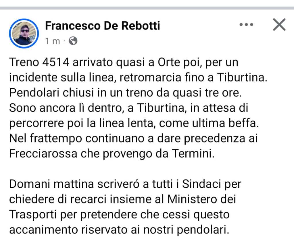 Screenshot di un post di Francesco De Rebotti riguardante i disagi dei pendolari della tratta Terni-Roma, con dettagli sull'incidente e le conseguenze sul servizio ferroviario.