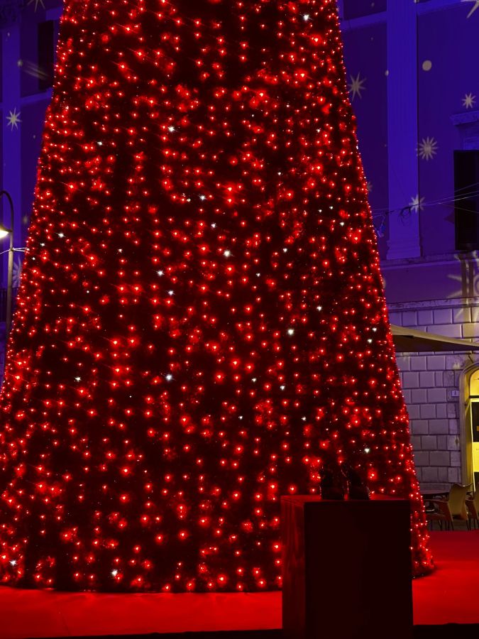 A large Christmas tree decorated with bright red lights, set against a dark background, with some visible stars and a small pedestal displaying a pair of shoes in the foreground.
