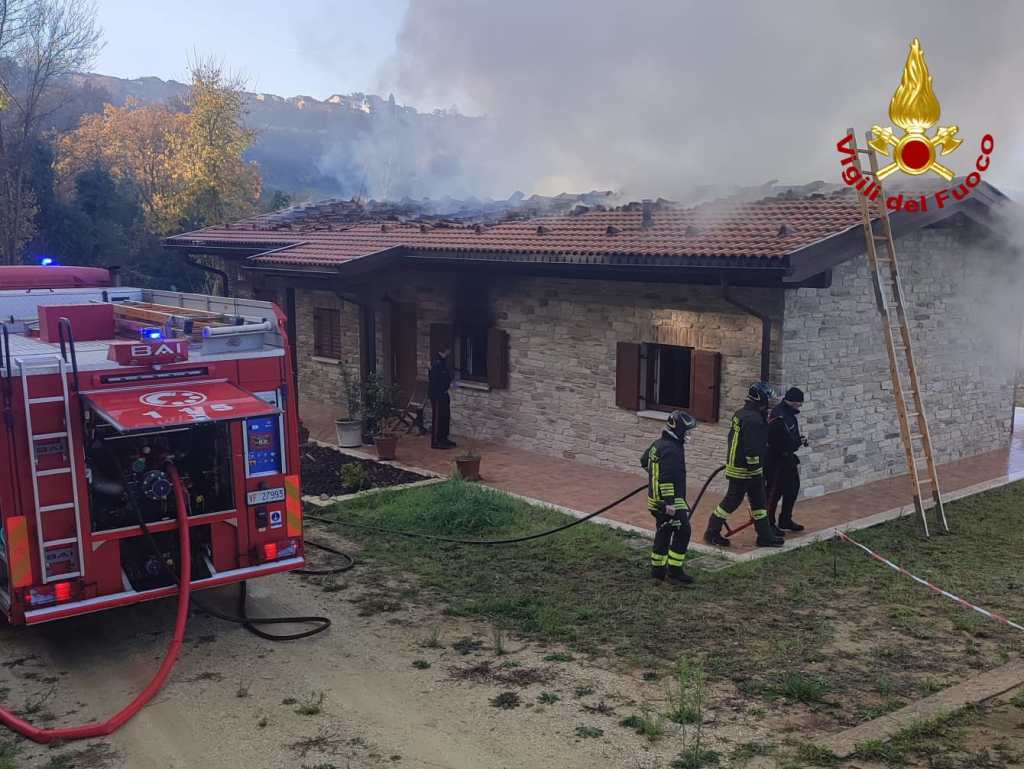Firefighters attending to a house fire with smoke rising from the roof, featuring a fire truck and a ladder in the scene.