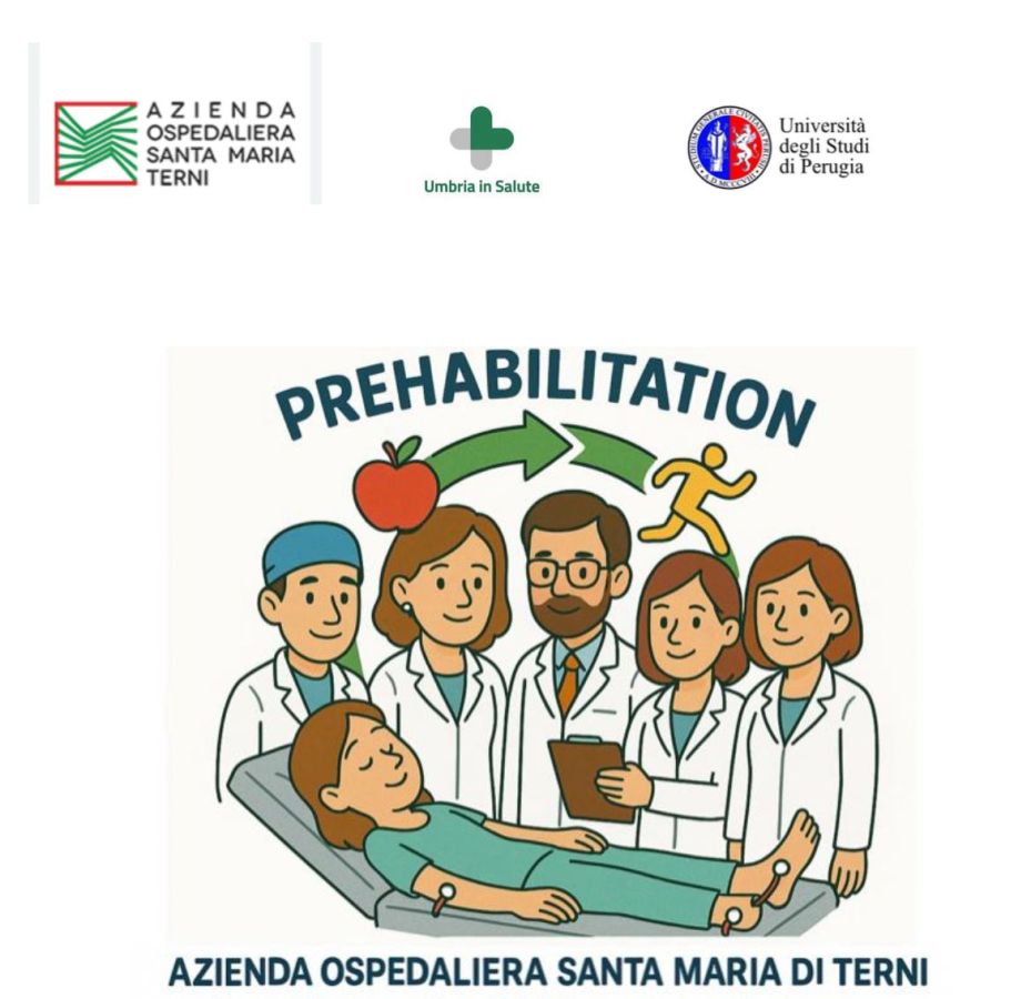 Illustration representing a prehabilitation program, featuring healthcare professionals surrounding a patient on a bed, with symbols of exercise and healthy food.