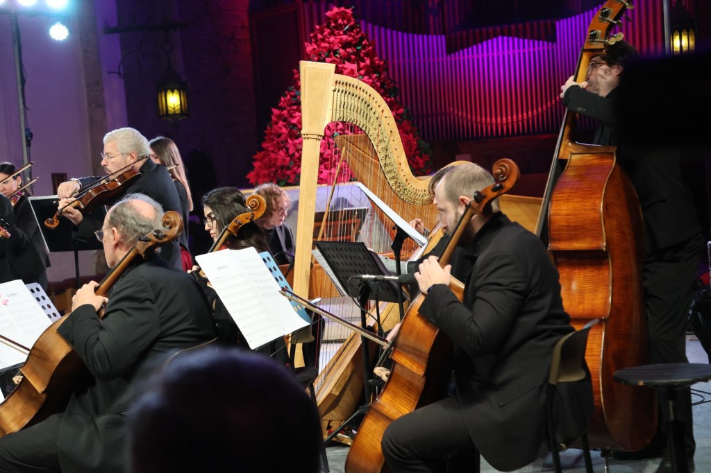 A group of musicians performing in an indoor setting, featuring a violinist, a harpist, and cellists, surrounded by festive decorations.