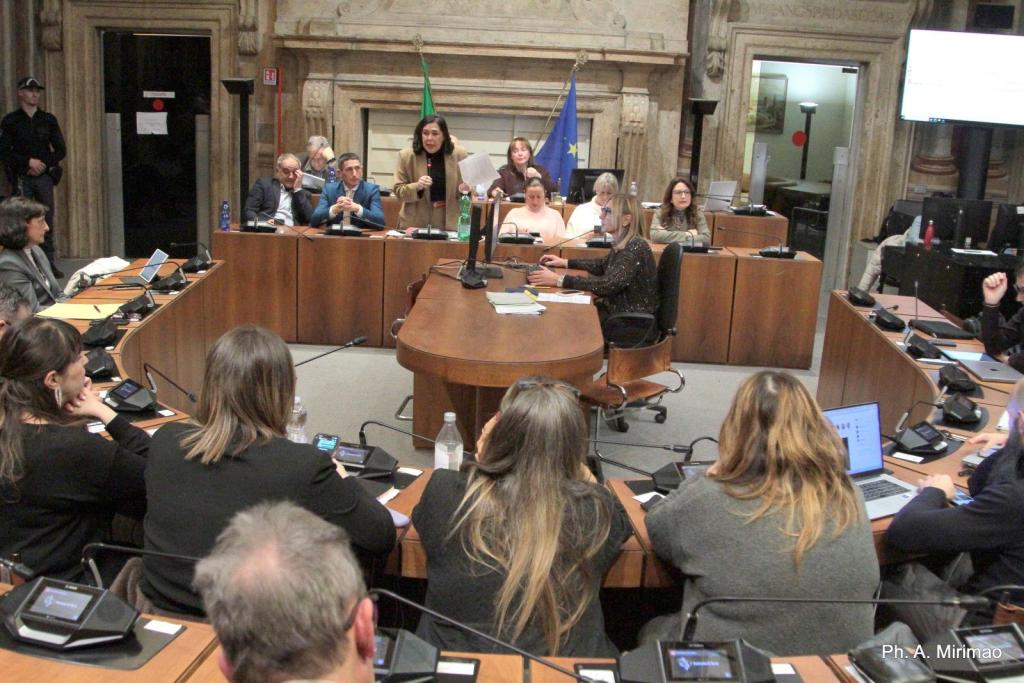 A committee meeting taking place in a large room with wooden tables. Several people are seated, some using laptops and mobile devices. A woman is standing and speaking, while flags are displayed in the background.