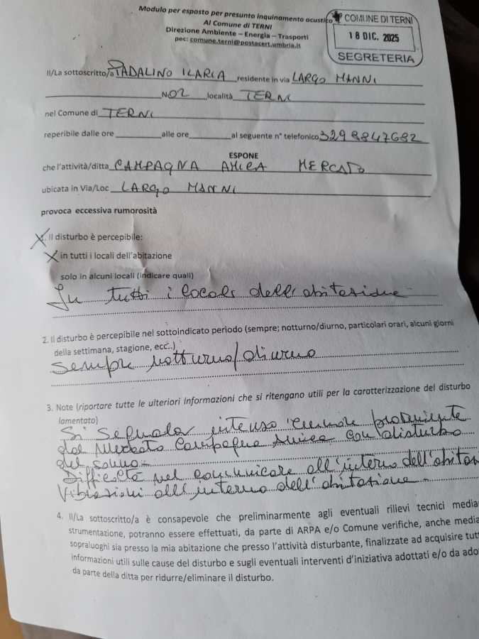 Modulo di esposto per presunto inquinamento acustico al Comune di Terni, datato 18 dicembre 2023.