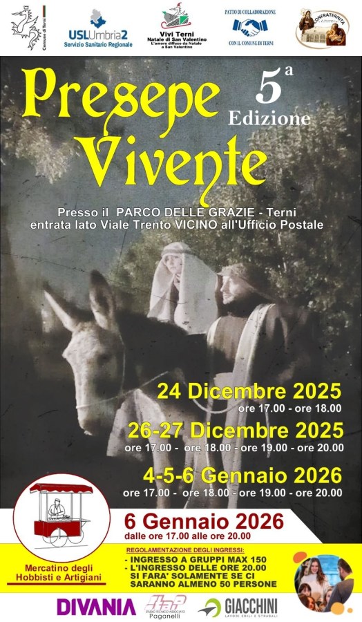 Locandina dell'evento Presepe Vivente, 5a Edizione, con dettagli sulla data, luogo e modalità di ingresso nel Parco delle Grazie a Terni.