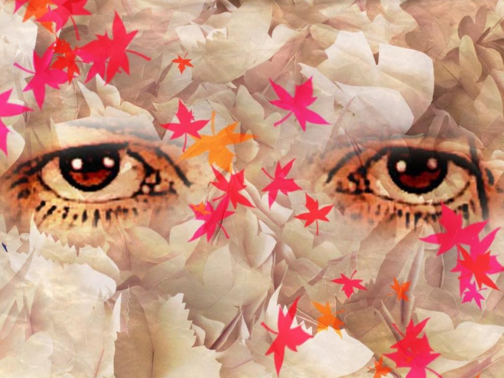 Un'opera d'arte digitale che presenta due occhi in primo piano, circondati da foglie in tonalità rosse e arancio, su uno sfondo di petali di fiori chiari.