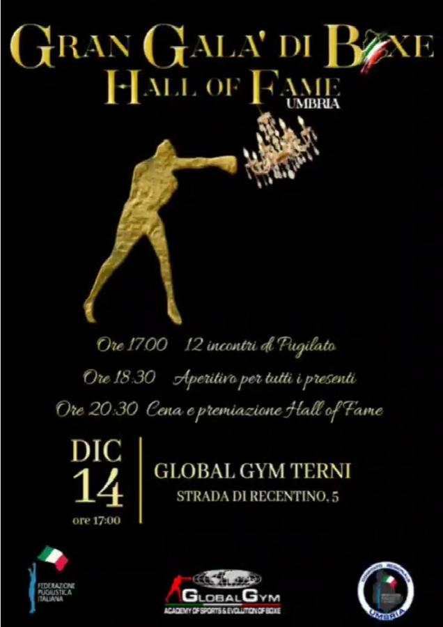 Manifesto del Gran Gala di Boxe 2025 a Terni, con dettagli sull'evento, inclusi gli orari degli incontri e delle premiazioni, in un design elegante con un pugile dorato e un lampadario.