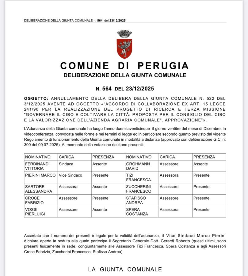 Documento ufficiale della giunta comunale di Perugia, datato 23 dicembre 2025, riguardante l'annullamento di una deliberazione precedente e i dettagli della votazione dei membri presenti.