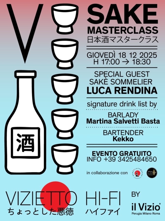 Poster for a sake masterclass event featuring details such as date, time, special guests, and location.