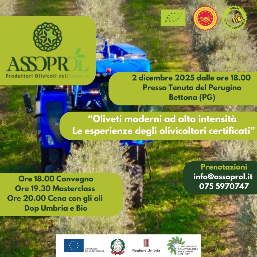 Immagine promozionale per l'evento 'Oliveti moderni ad alta intensità' organizzato da ASSOPROL Umbria, con dettagli sulla data, il luogo e il programma della serata.