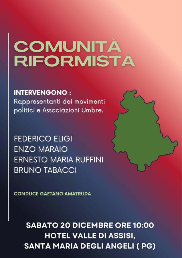 Manifesto per l'evento 'Comunità Riformista' con dettagli su partecipanti e luogo, evidenziando i relatori e il conduttore.