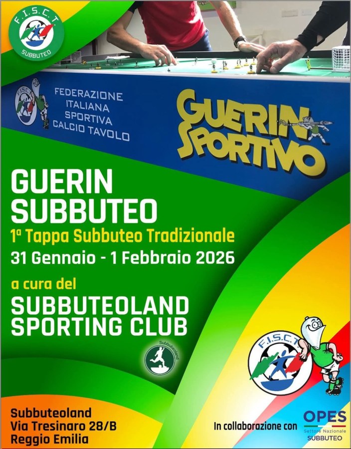Promotional poster for the Guerin Subbuteo event, featuring details about the Traditional Subbuteo tournament held from January 31 to February 1, 2026, organized by the Subbuteoland Sporting Club.
