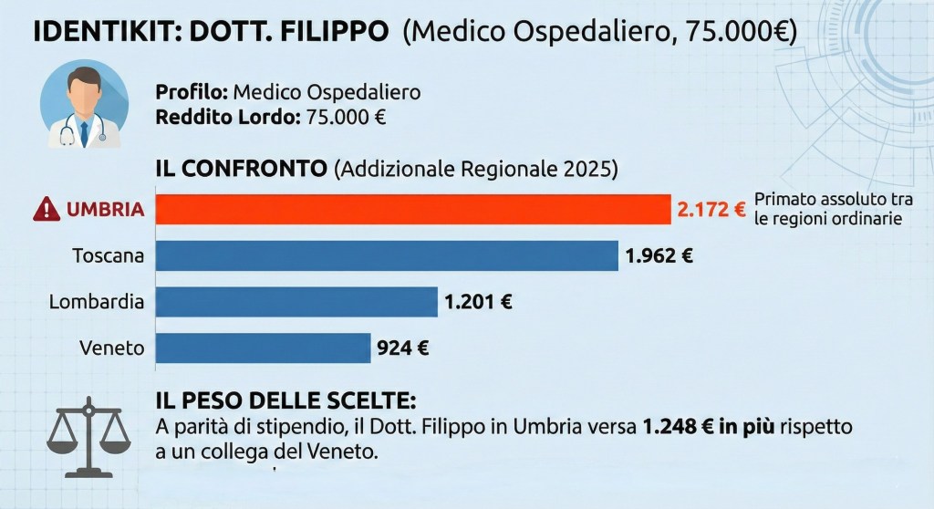 Grafico che confronta l'addizionale regionale 2025 per un medico ospedaliero con reddito lordo di 75.000 €, evidenziando l'importo più elevato pagato in Umbria rispetto ad altre regioni italiane.