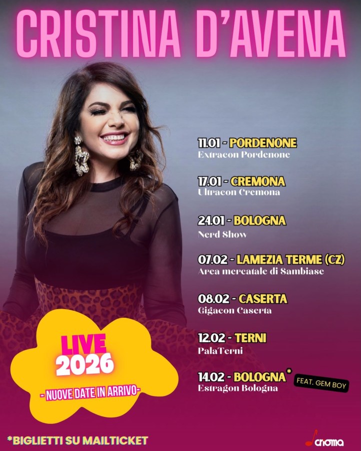 Poster promozionale di Cristina D'Avena con la lista dei concerti live del 2026. Mostra l'artista sorridente su uno sfondo colorato, con il testo in evidenza.