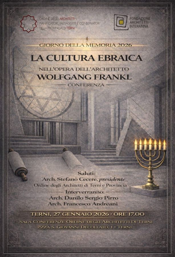 Poster for the conference 'La Cultura Ebraica nell'opera dell'architetto Wolfgang Frankl', held in Terni on January 27, 2026, featuring stylized architectural elements and a menorah.