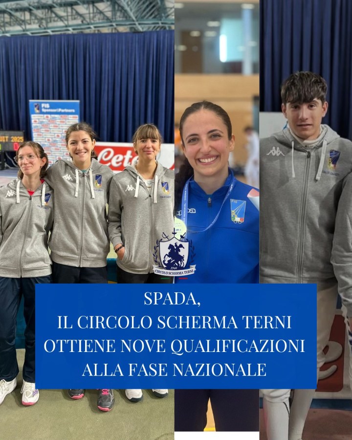 A group of fencers wearing grey jackets, standing together, celebrating their new qualifications for the national phase of a fencing competition. One member is holding a medal and smiling, while a banner in the background displays the event details.
