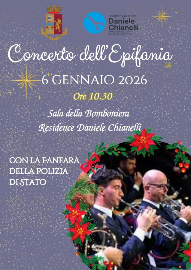 Locandina per il concerto dell'Epifania, datato 6 gennaio 2026, con dettagli sull'evento presso il Residence Daniele Chianelli, accompagnato dalla Fanfara della Polizia di Stato.