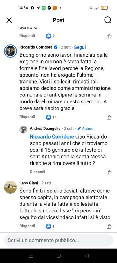Screenshot of a Facebook post containing comments discussing community-funded work and concerns about delays in completion. Commenters include Riccardo Corridore, Andrea Deangelis, and Lapo Giani.