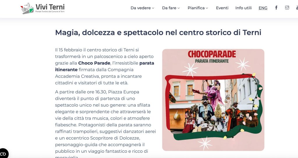 Poster for Choco Parade, an event in Terni showcasing a festive parade with performers and musicians in a vibrant city setting.