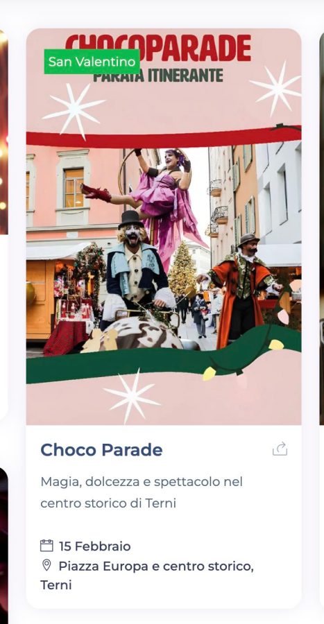 Promotional graphic for the Choco Parade event in Terni, featuring performers in colorful costumes, chocolate-themed decorations, and information about the event date and location.