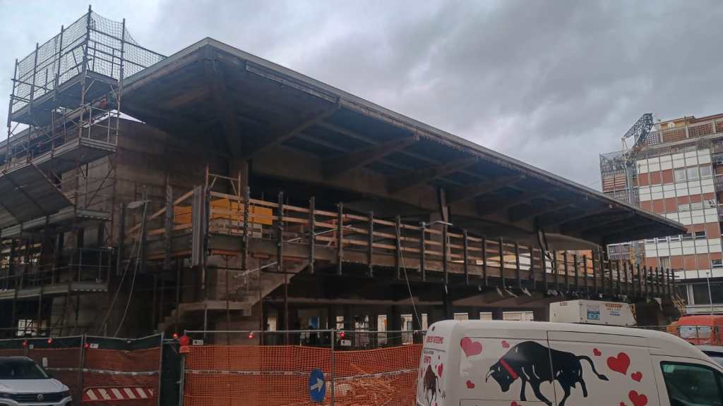 A partially constructed building with scaffolding and wooden framing, set against a cloudy sky. A white van is parked in the foreground, featuring a design with a black dog and hearts.