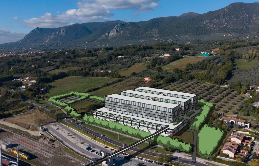 Rendering del nuovo ospedale Santa Maria di Terni, con una struttura moderna circondata da aree verdi e paesaggio collinare.