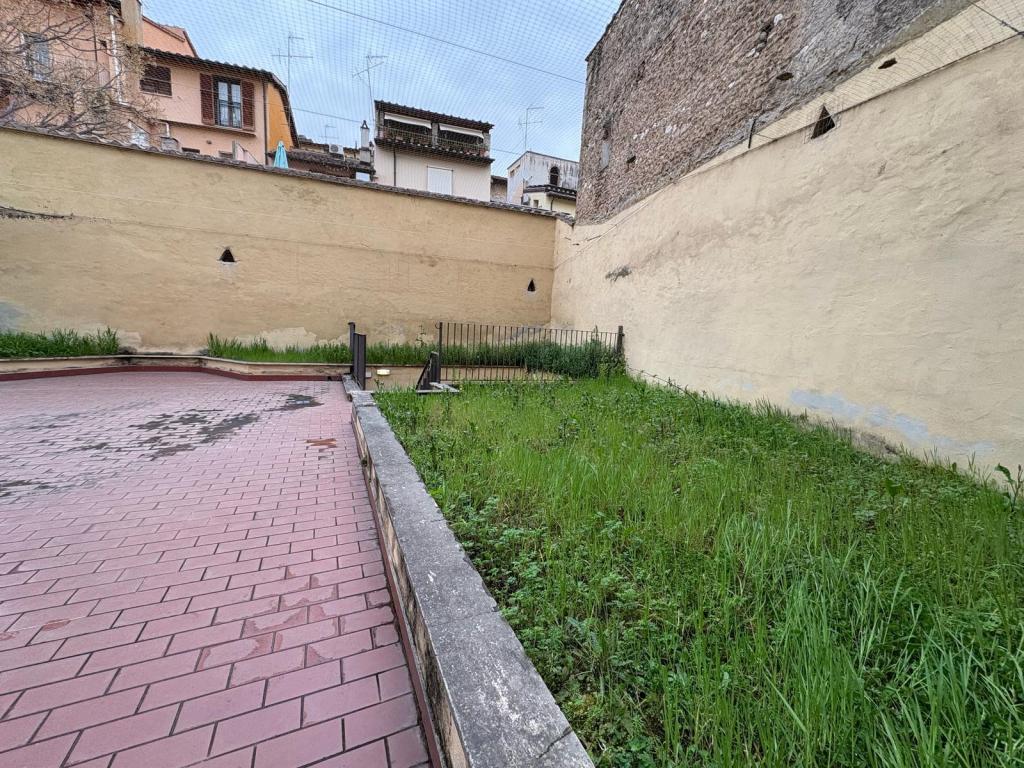 A small, overgrown green area with a stone path and a yellow wall backdrop, featuring some buildings in the distance.