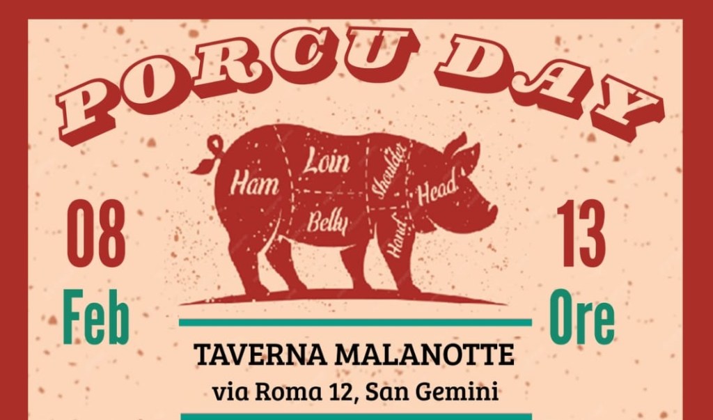 Promotional poster for Porcu Day featuring a stylized illustration of a pig with labeled cuts of meat, including Ham, Loin, Belly, Shoulder, Head, and Hand. Event details include the date (February 8), location (Taverna Malanotte, via Roma 12, San Gemini), and time (13:00).