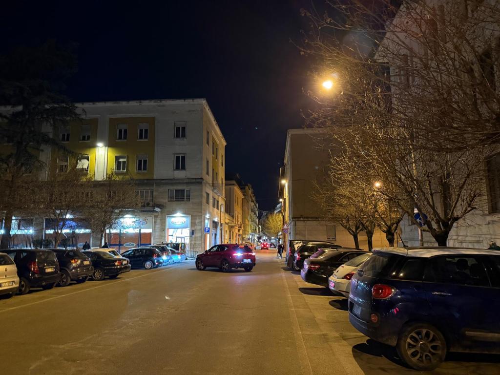 Nighttime street view with parked cars along both sides, trees with no leaves, and buildings illuminated by streetlights.