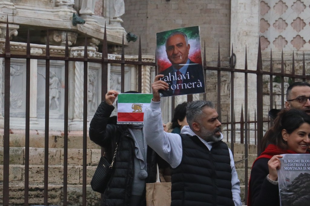 A group of protesters holding signs and flags at a demonstration, with one person displaying a portrait of a man along with a flag featuring a lion and sun.