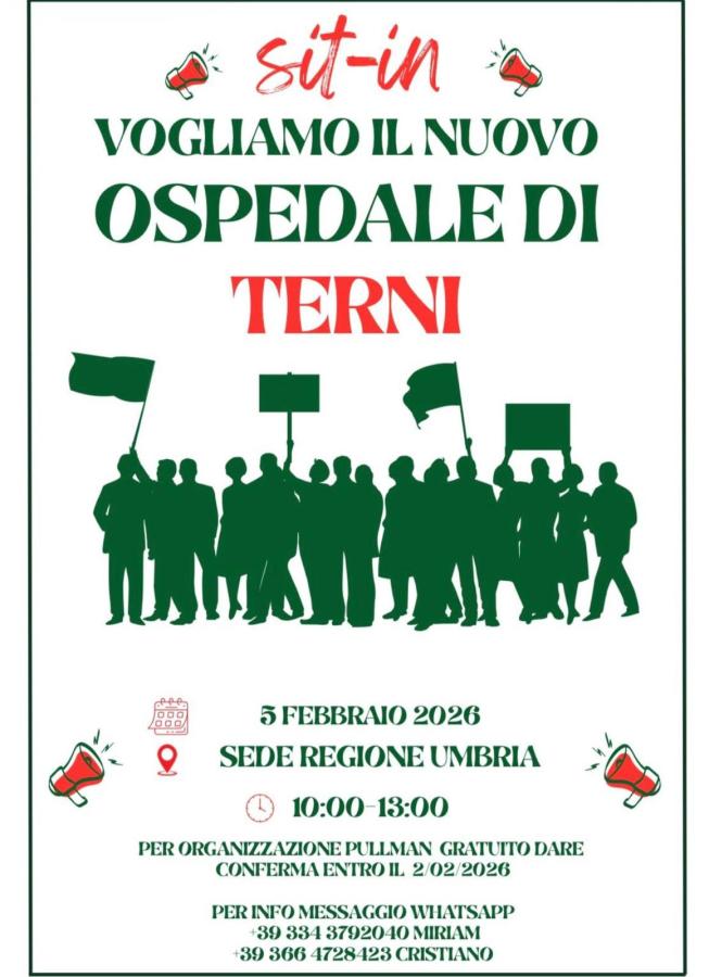 A sit-in announcement poster calling for a new hospital in Terni, Italy. The poster features silhouettes of people holding flags and signs, with bold text detailing the event date, time, and location.