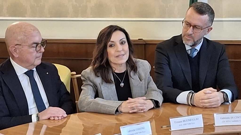 Three people sitting at a table during a discussion, featuring a woman speaking in the center, flanked by two men, with nameplates visible in front of them.