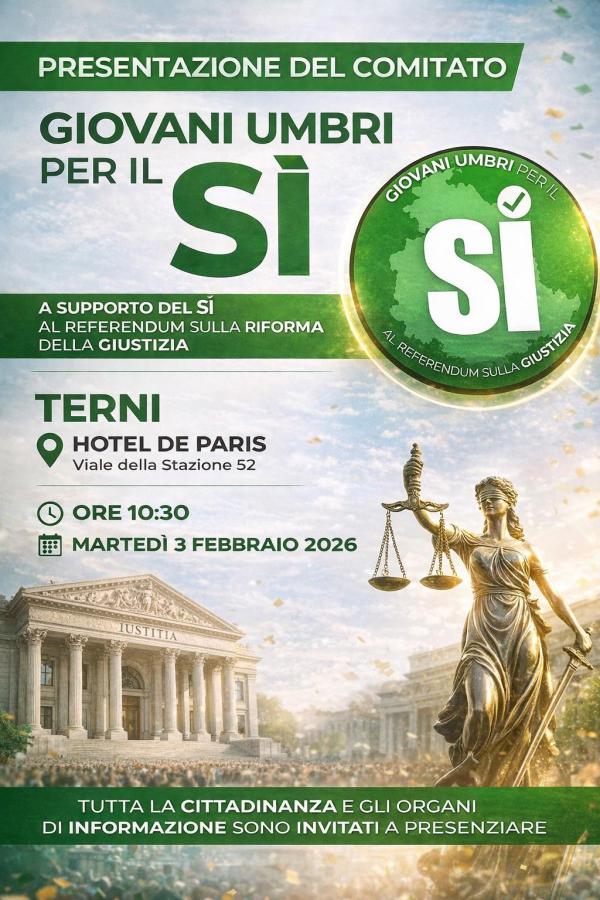 Promotional poster for an event titled 'Presentation of the Committee: Young Umbrians for Yes', supporting a referendum on justice reform, featuring the scales of justice and the location details in Terni, Italy on February 3, 2026.
