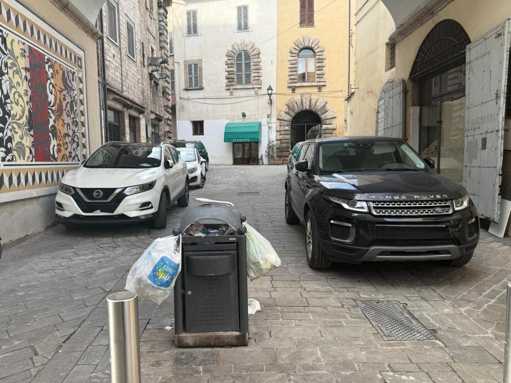 narrow street with parked cars, including a Nissan and a Range Rover, and a trash bin with garbage in the foreground