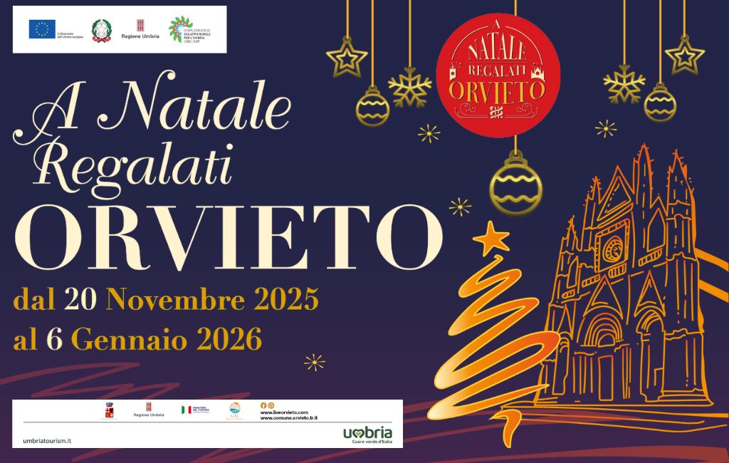 Manifesto promozionale per l'evento 'A Natale Regali Orvieto', con date dal 20 Novembre 2025 al 6 Gennaio 2026, decorato con alberi di Natale e il profilo della cattedrale di Orvieto.