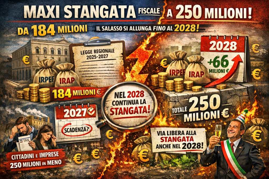 Grafica che evidenzia la maxi stangata fiscale di 250 milioni di euro, con rappresentazioni di sacchi di soldi, grafici e un sindaco con un calice, alludendo all'aumento imposto fino al 2028.