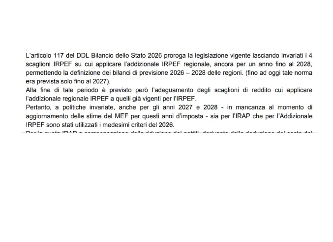 Testo di un documento che discute l'articolo 117 del DDL Bilancio dello Stato 2026, riguardante l'applicazione dell'addizionale IRPEF regionale fino al 2028.