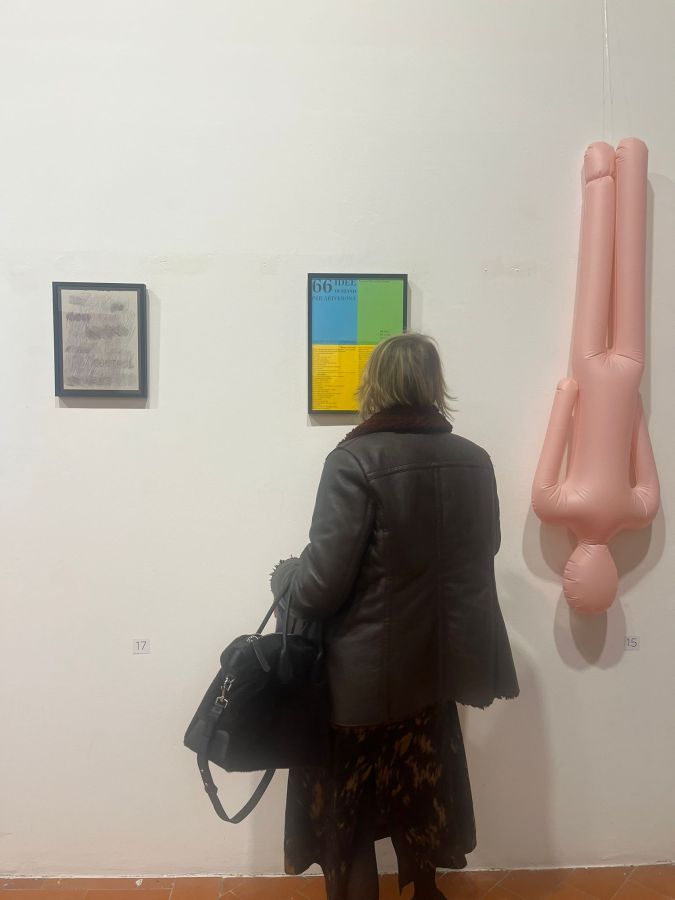 A woman standing in an art gallery, facing two framed artworks on a white wall. One artwork is a textured gray piece, while the other is a colorful exhibition information poster. A pink hanging figure is visible to the right.