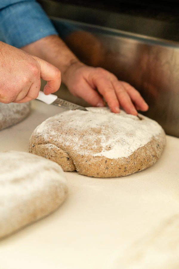 A person slicing a round loaf of bread on a countertop with flour dusting the surface.