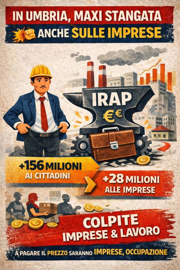 Manifesto fittizio che evidenzia l'aumento dell'IRAP in Umbria, con un imprenditore preoccupato di fronte a una fucina che emette fumi, accompagnato da dati su tasse e impatti sulle imprese e sull'occupazione.