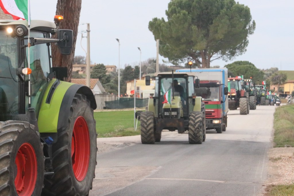 A line of tractors driving along a rural road, with flags attached to some of the vehicles, surrounded by green trees and buildings.