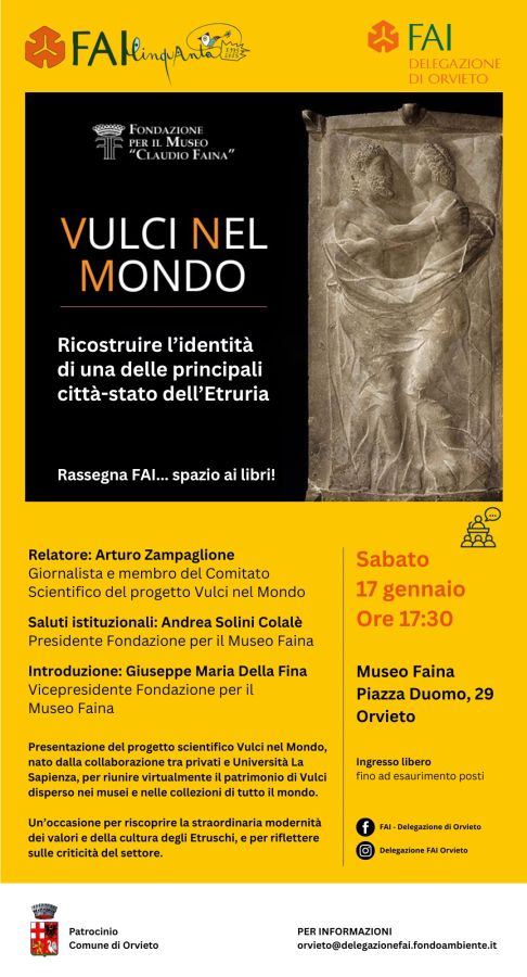Event poster for 'Vulci nel Mondo' featuring a sculpture, detailing a discussion on the identity of Vulci, a key Etruscan city-state. Includes speaker information and event location.