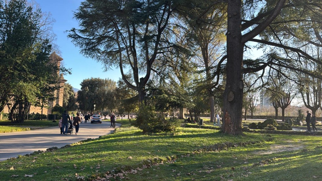 A scenic park with a pathway, featuring people walking, lush green grass, large trees, and a clear blue sky.