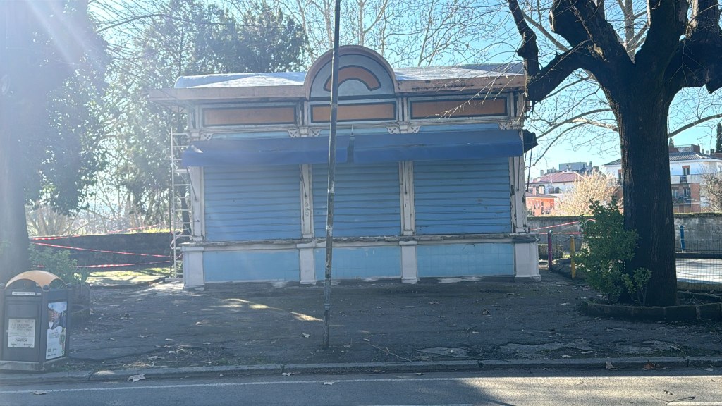 An abandoned building with blue shutters, surrounded by trees and scaffolding, in a partially paved area.