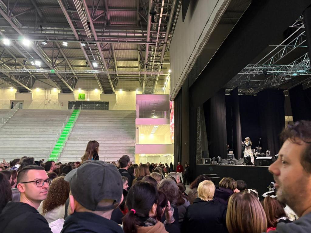 A live performance taking place on stage in a large indoor venue, with a crowd of people facing the performer. The scene features a well-lit stage and empty seating in the background.