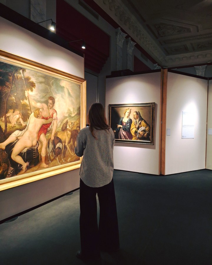 A person stands in an art gallery, admiring a large painting on the left, while another painting is visible on the right. The gallery features classic art in a well-lit space.