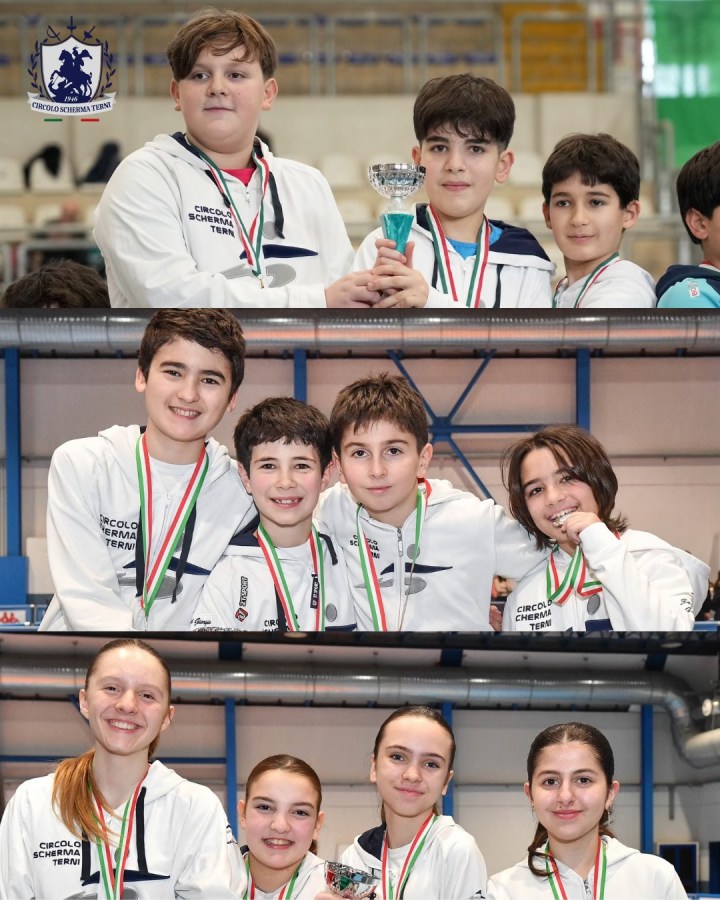 A group of young athletes celebrating a fencing competition victory, holding trophies and wearing medals. Three boys are in the top section, with one holding a trophy. The middle section features three boys smiling together, and the bottom section shows four girls also holding a trophy and wearing medals.