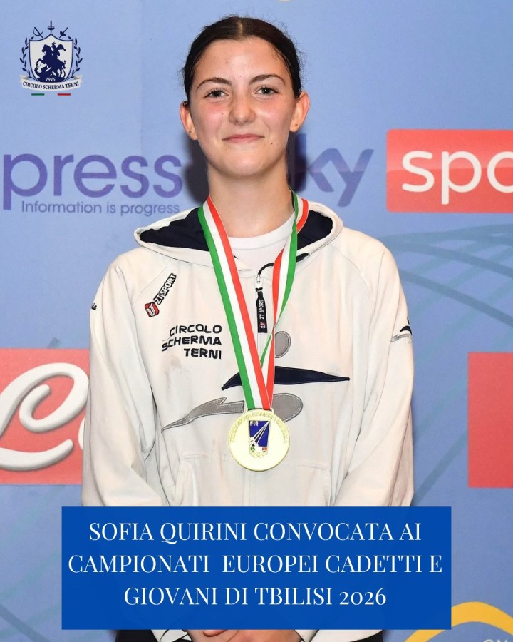 A young female athlete named Sofia Quirini, wearing a white sports jacket, poses with a gold medal and a tricolor ribbon around her neck, celebrating her selection to the European Cadet and Youth Championships in Tbilisi 2026.