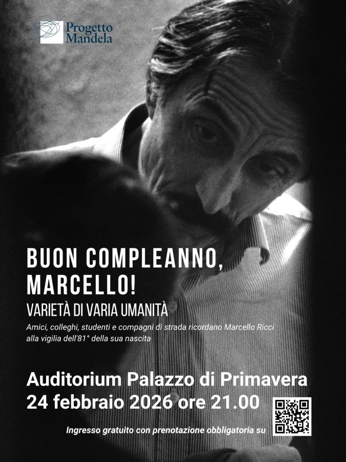 A black and white poster celebrating Marcello's birthday, featuring text about a tribute event involving friends, colleagues, and students. Details include the event date, time, and location at Auditorium Palazzo di Primavera on February 24, 2026.
