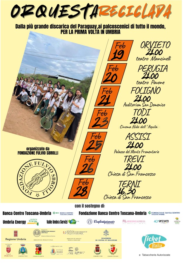 A promotional poster for 'Orquesta Reciclada,' featuring a group of musicians with instruments made from recycled materials, announcing concert dates and venues in Umbria, Italy in February.