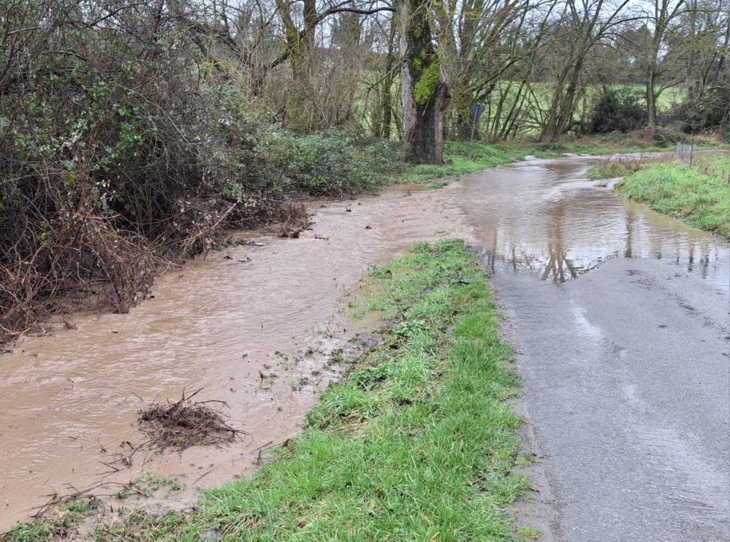 A flooded area beside a gravel road, with brown water flowing and greenery along the banks.